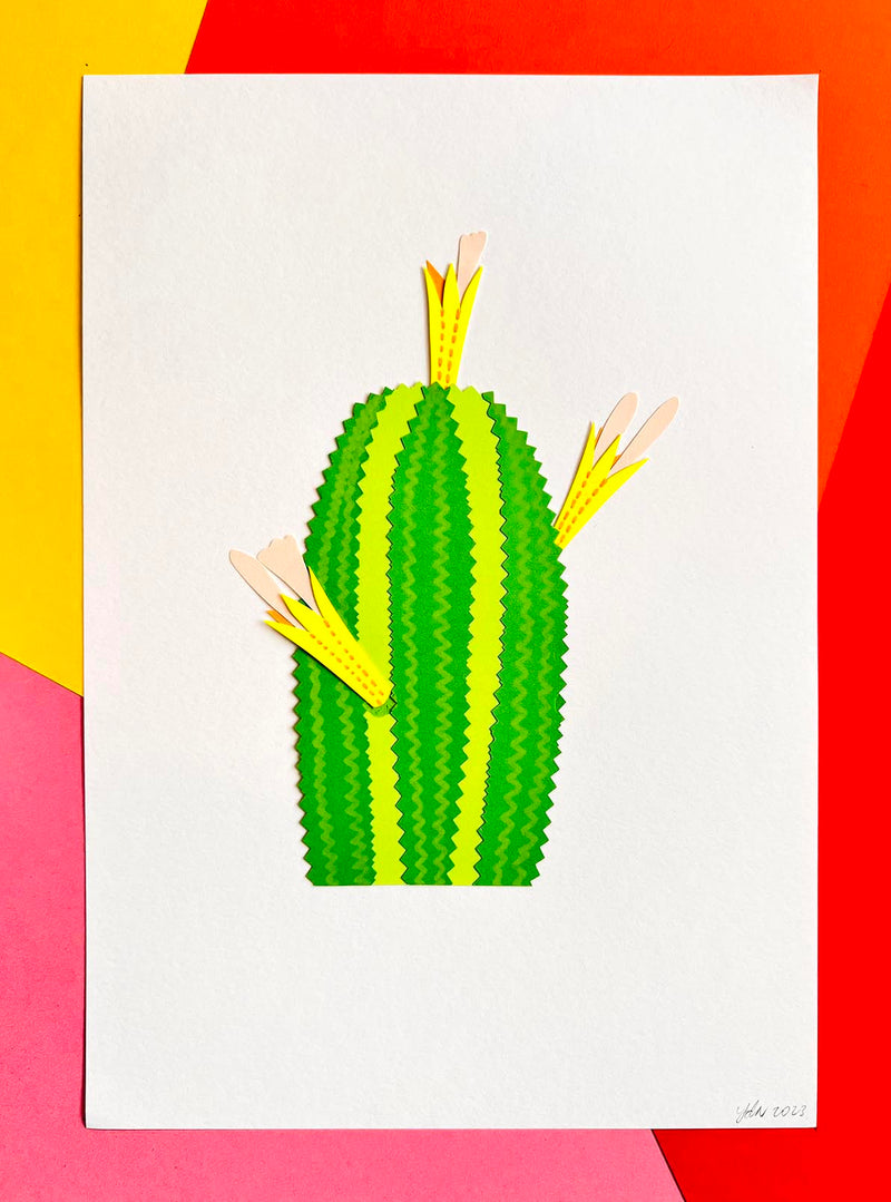 Cacti with Pink & Yellow Flowers (Original Paper-Cut Artwork)