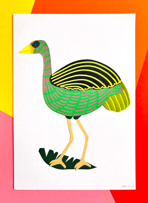Green Bird Walking (Original Paper-Cut Artwork)