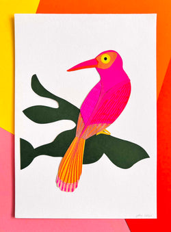 Pink & Orange Bird on Branch (Original Paper-Cut Artwork)